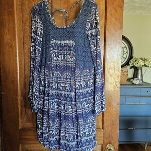 Allison Brittney Elephant Print Tunic Mini Dress L | Bell Sleeve Casual BOHO Top